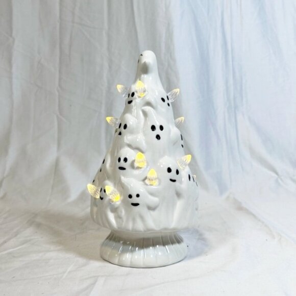 Retro Style 9" Cute Marshmallow Ghost Spooky Halloween Ceramic Christmas Tree - Picture 2 of 6